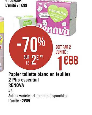 papier toilette blanc en feuilles 2 plis essential renova