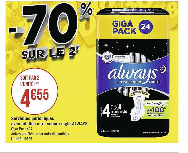 serviettes périodiques avec ailettes ultra secure night always -70% sur le 2e