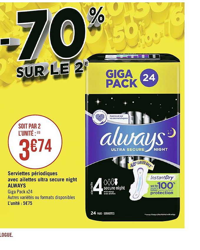 serviettes périodiques avec ailettes ultra secure night always