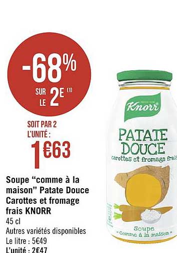 soupe "comme à la maison" patate douce carottes et fromage frais knorr