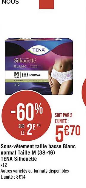 sous-vêtement taille basse blanc normal taille m ( 38-46) tena silhouette