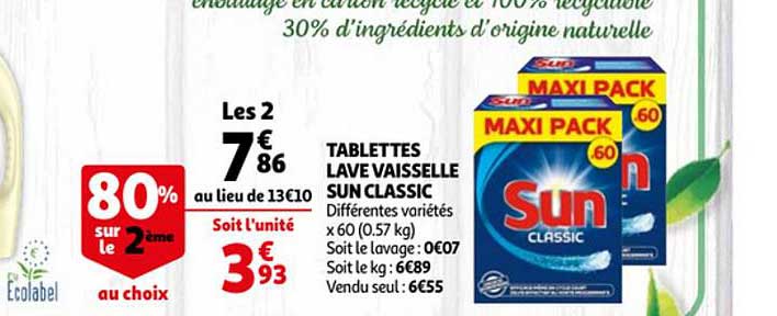 Tablettes Lave Vaisselle Sun Classic 80% Sur Le 2ème Au Choix