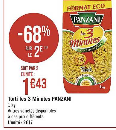 torti les 3 minutes panzani -68% sur le 2e