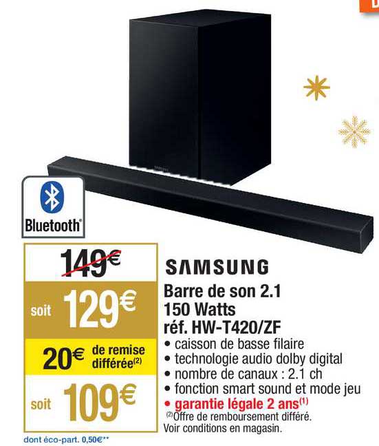 barre de son 2.1 150 watts samsung réf. hw-t420-zf