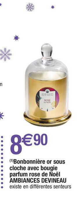 bonbonnière or sous cloche avec bougie parfum rose de noël ambiances devineau