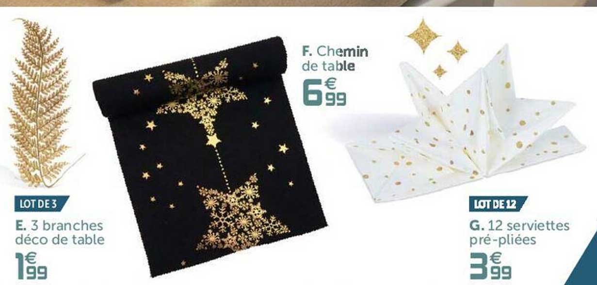 chemin de table, 3 branches déco de table, 12 serviettes pré-pliées