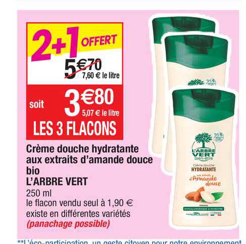 crème douche hydratante aux extraits d'amande douce bio l'arbre vert