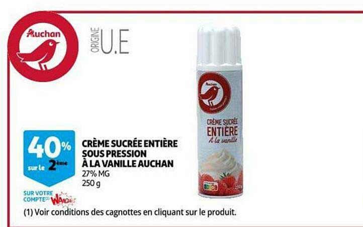 crème sucrée entière sous pression à la vanille auchan