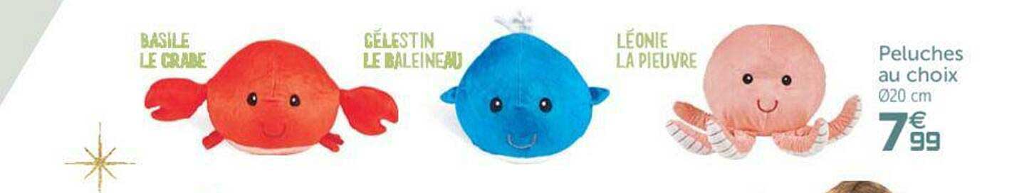peluches basile le crabe, célestin le baleineau, léonie la pieuvre,