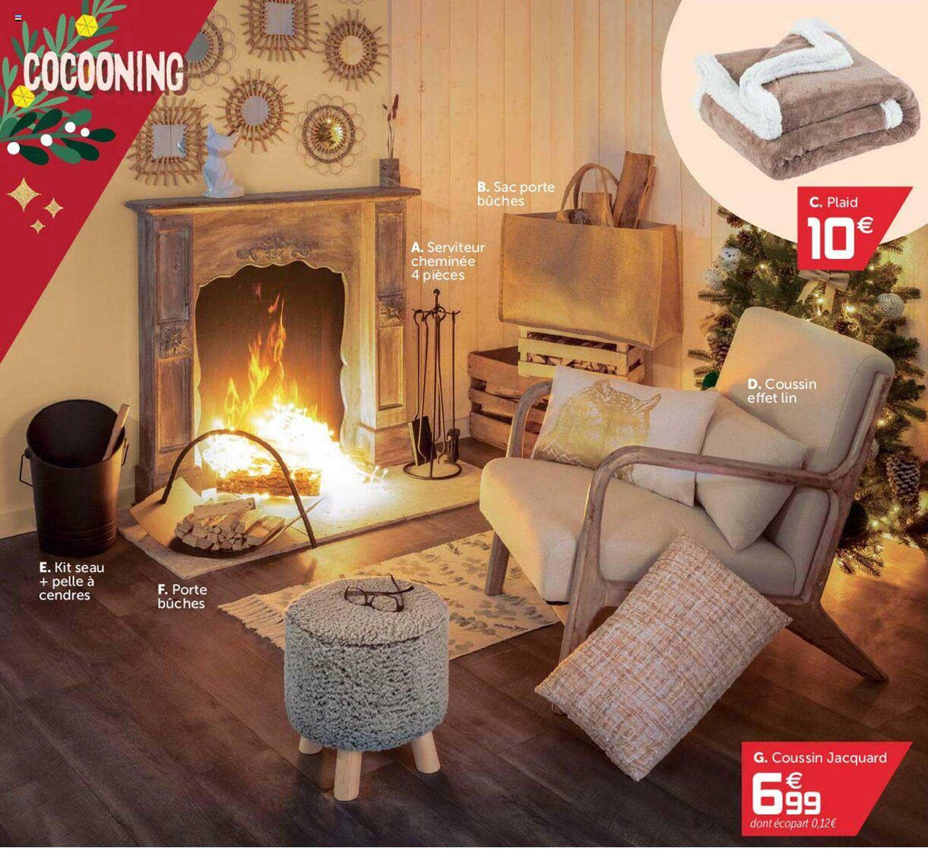 serviteur cheminée 4 pièces, sac porte bûches, coussin effet lin, kit seau + pelle à cendres, porte bûches, coussin jacquard, plaid