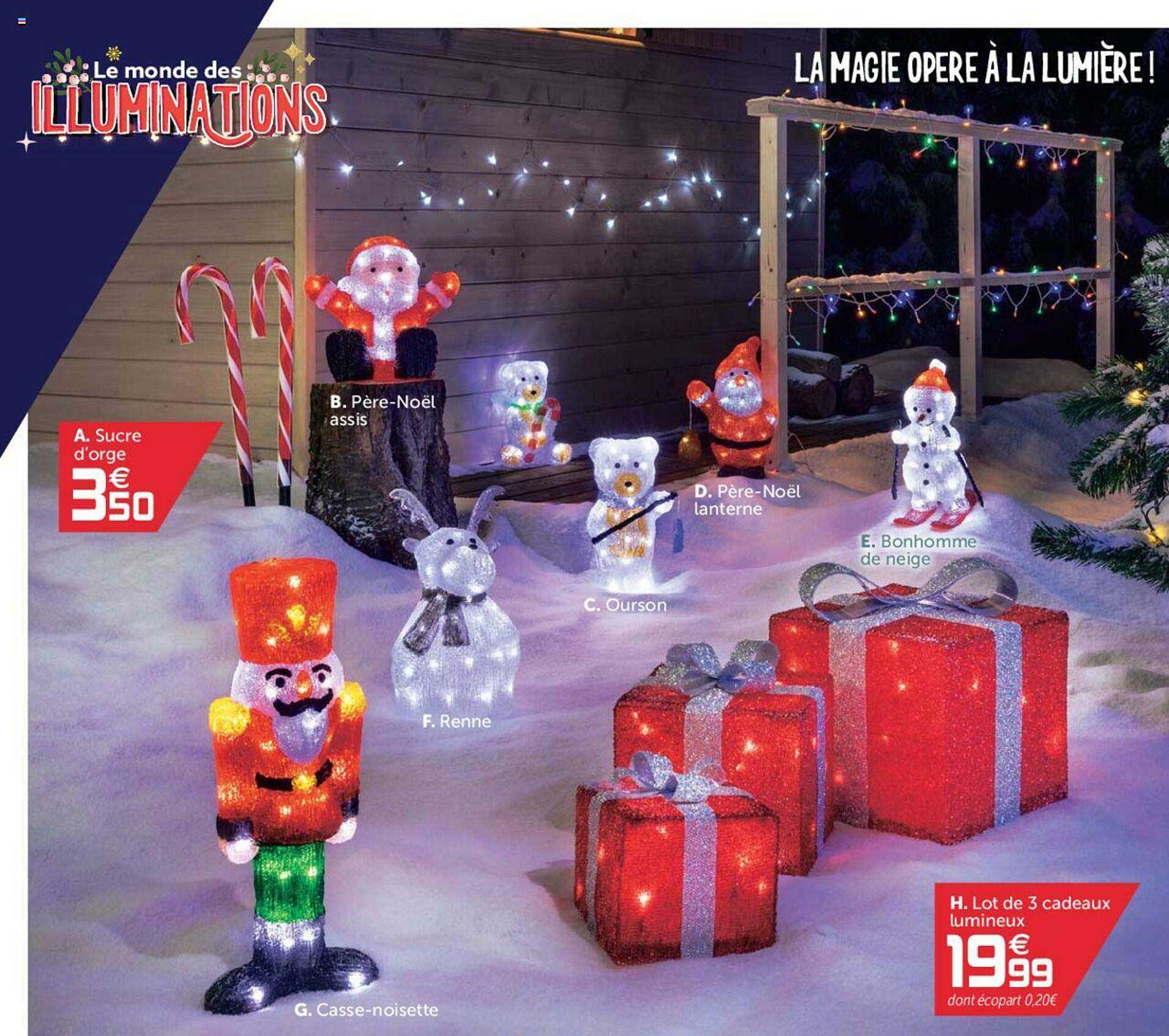 sucre d'orge, père-noël assis, renne, casse-noisette, ourson, père-noël lanterne, bonhomme de neige, lot de 3 cadeaux lumineux