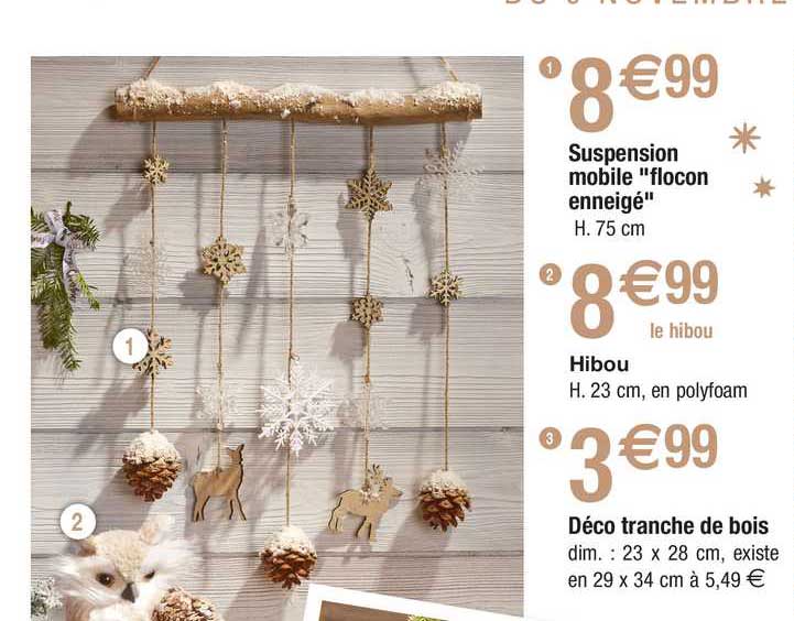 suspension mobile "flocon enneigé", hibou, déco tranche de bois