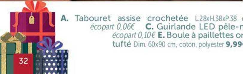 tabouret assise crochetée, guirlande led pêle-mêle, boule à paillettes