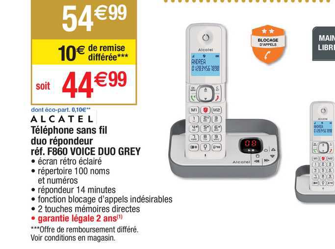 téléphone sans fil duo répondeur alcatel réf. f860 voice duo grey