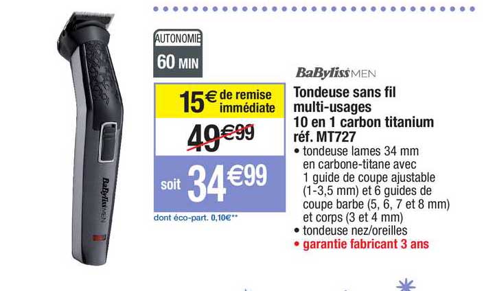 tondeuse sans fil multi-usages 10 en 1 carbon titanium babyliss réf. mt727