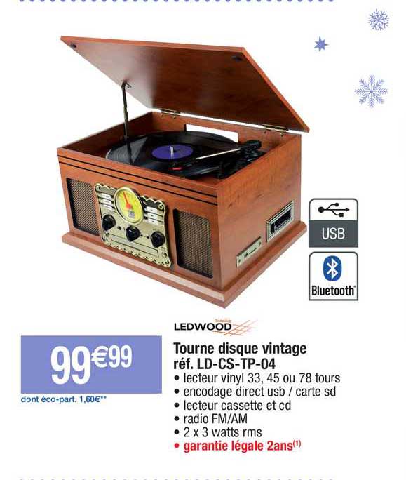 tourne disque vintage ledwood réf. ld-cs-tp-04