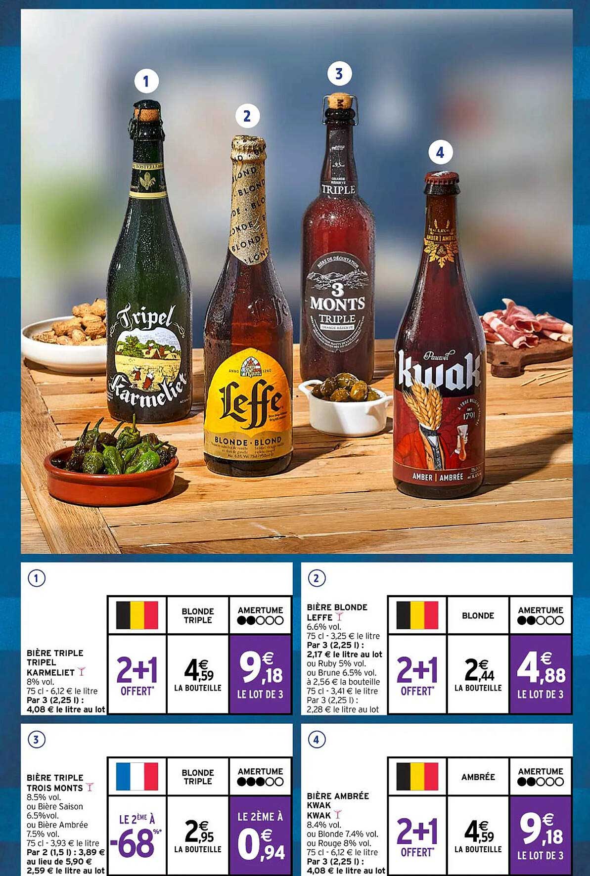 bière triple tripel karmeliet, bière triple trois monts, bière blonde leffe, bière ambrée kwak kwak