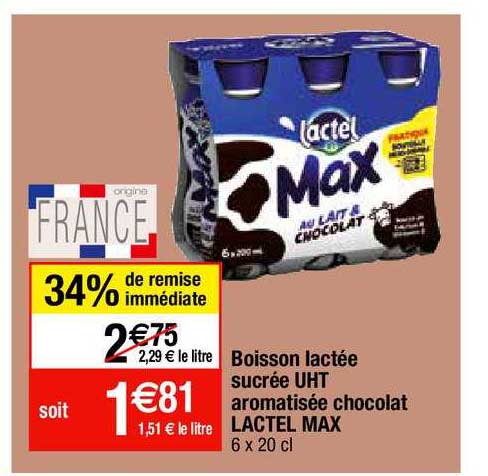 boisson lactée sucrée uht aromatisée chocolat lactel max