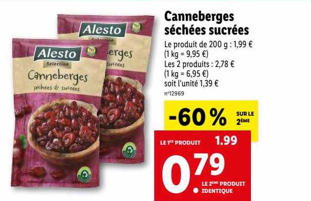 canneberges séchées sucrées alesto