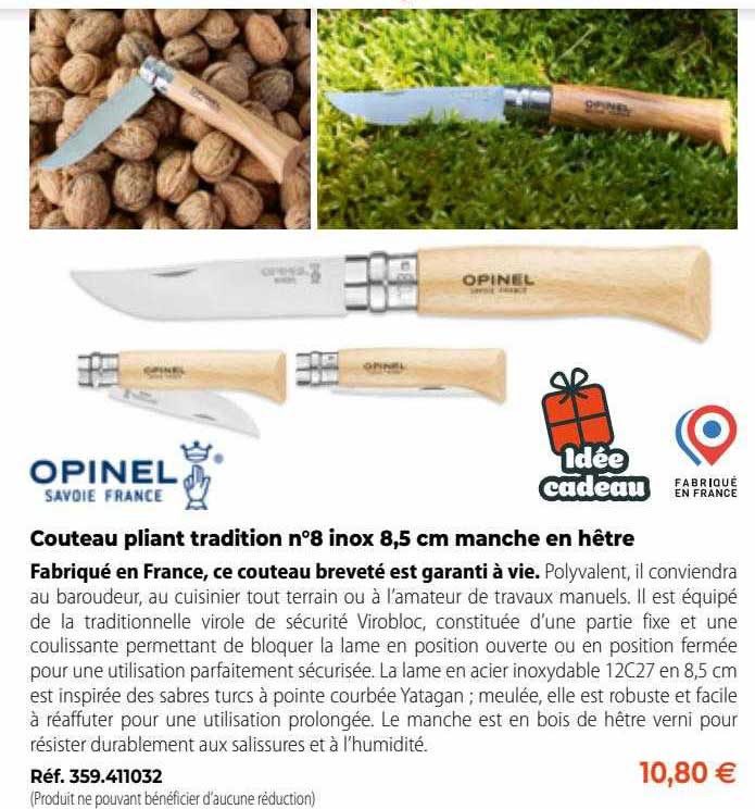 couteau pliant tradition n°8 inox 8,5 cm manche en hêtre opinel savoie france
