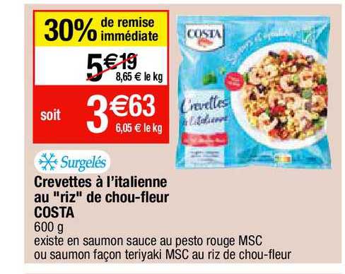 crevettes à l'italienne au "riz" de chou-fleur costa