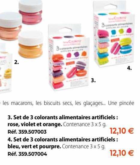 det de 3 colorant alimentaires artificiels: rose, violet et orange ou bleu, vert et pourpre