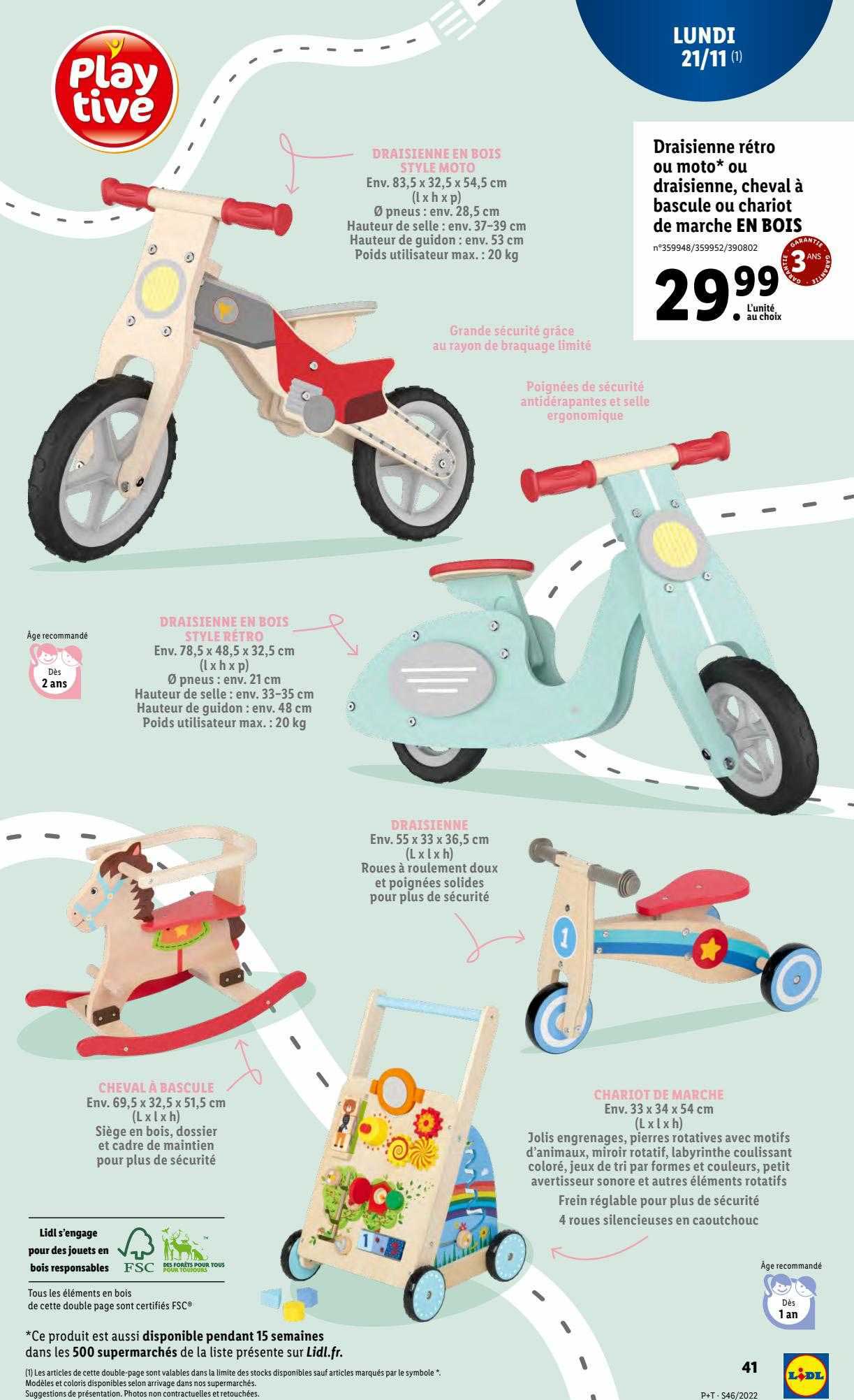 Draisienne Rétro Ou Moto* Ou Draisiènne Cheval à Bascule Ou Chariot De Marche En Bois Playtive