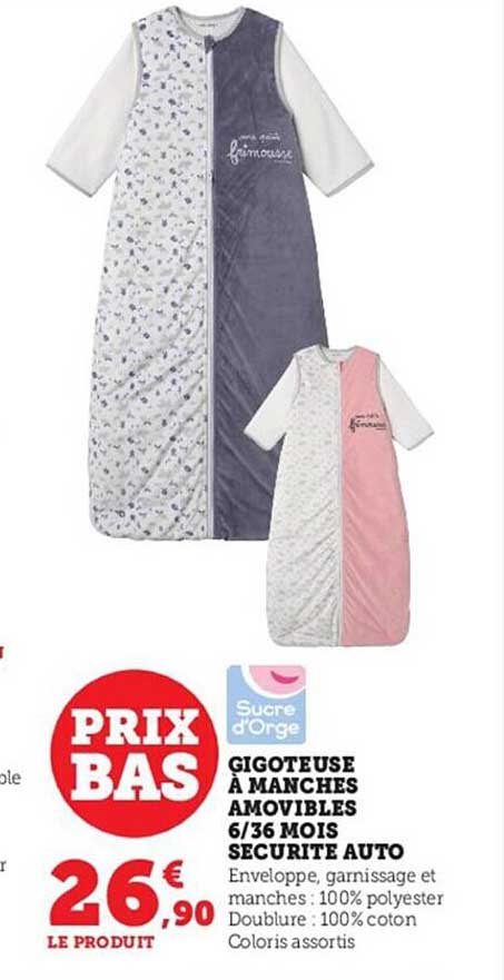 gigoteuse à manches amovibles 6-36 mois sécurité auto sucre d'orge