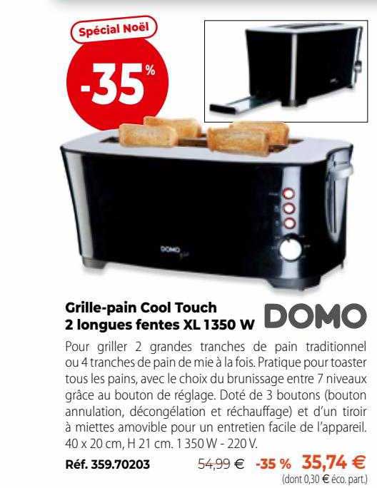 grille-pain cool touch 2 longues fentes xl 1350 w domo