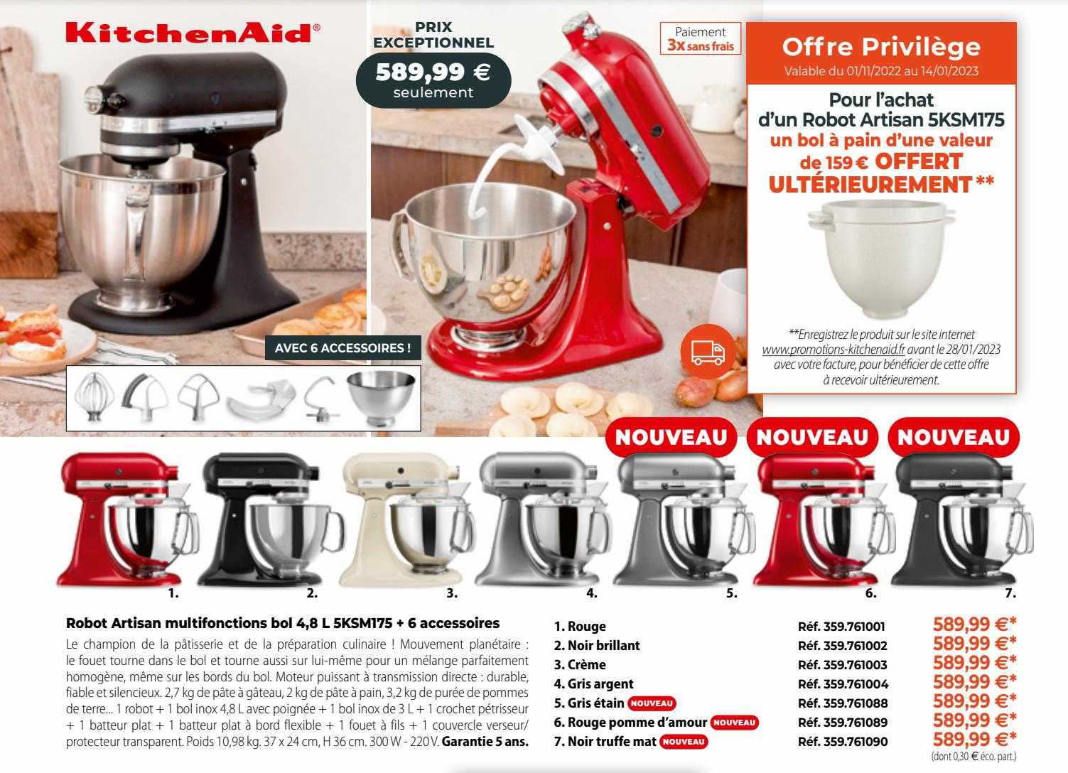 kitchenaid robot artisan multifonctions bol 4.8l 5ksm175 + 6 accessoires