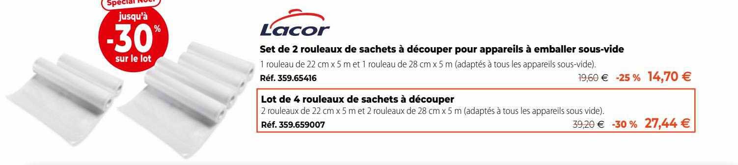 lacor set de 2 rouleaux de sachets à découper pour appareils à emballer sous-vide