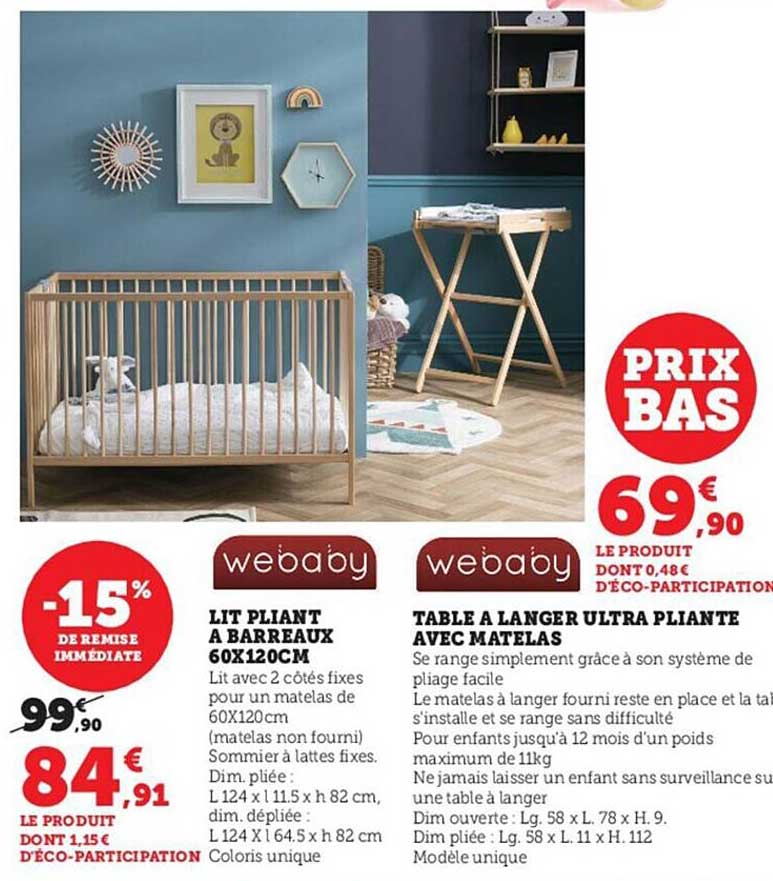 lit pliant à barreaux 60 x 120 cm webaby, table à langer ultra pliante avec matelas webaby