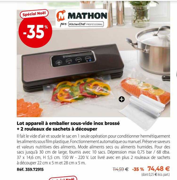 lot appareil à emballer sous-vide inox brossé + 2 rouleaux de sachets à découper