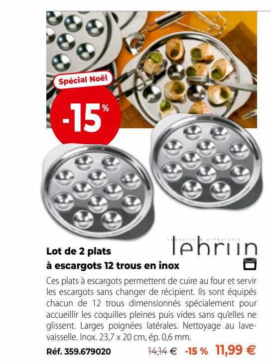 lot de 2 plats à escargots 12 trous en inox lebrun