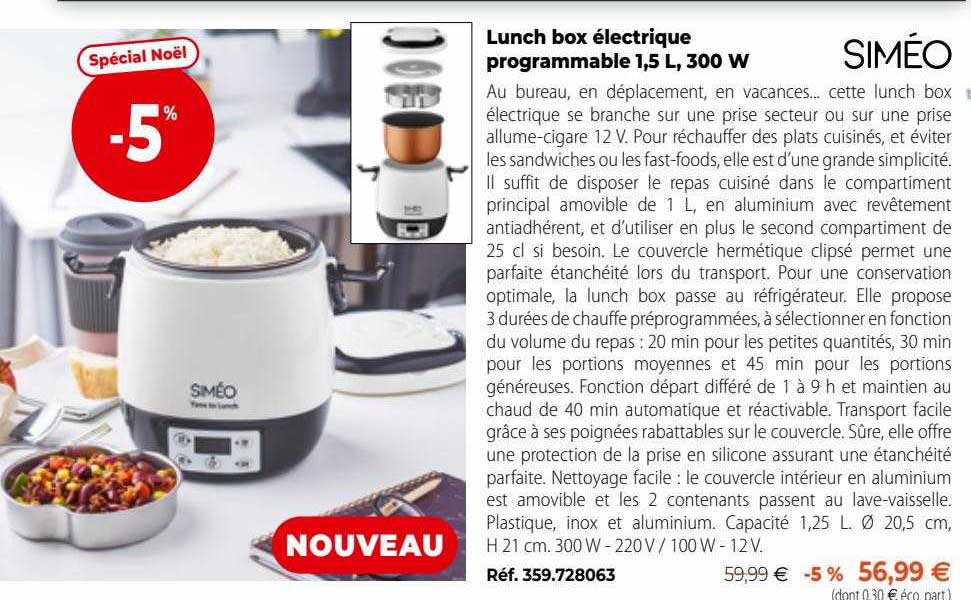 lunch box électrique programmable 1,5l 300w siméo
