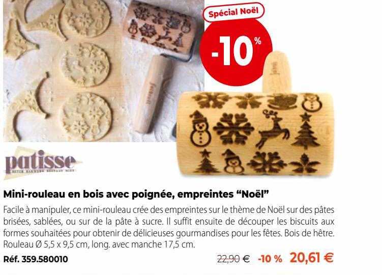 Patisse Mini-rouleau En Bois Avec Poignée, Empreintes "noël"