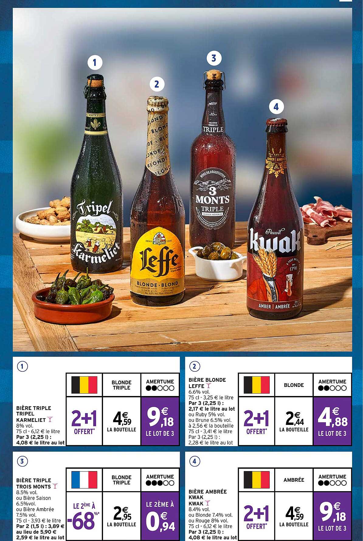pière triple tripel karmeliet, bière triple trois monts, bière blonde leffe, bière ambrée kwak kwak