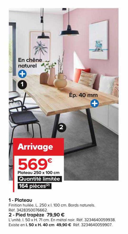 plateau 250 x 100 cm, pied trapèze