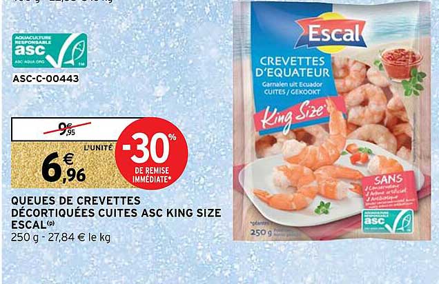 queues de crevettes décortiquées cuites asc king size escal