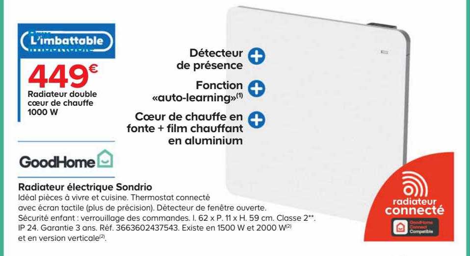 radiateur double cœur de chauffe électrique sondrio 1000 w goodhome