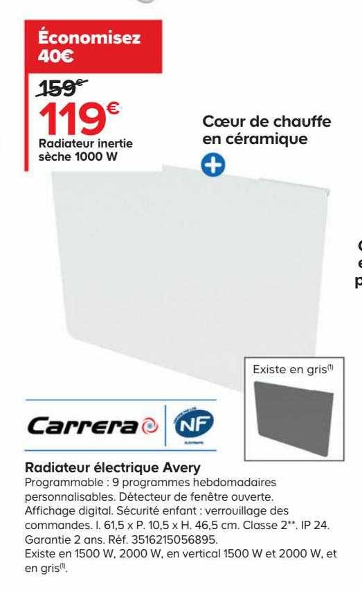 Radiateur Inertie Sèche électrique Avery 1000 W Carrera