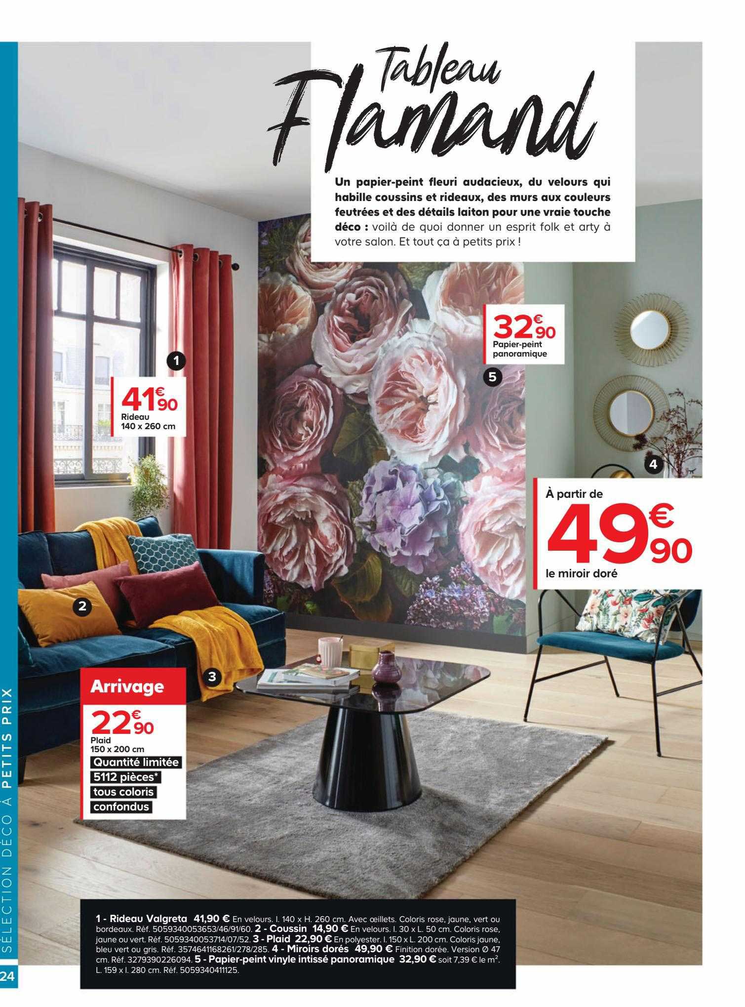 rideau 140 x 260 cm, papier-peint panoramique, miroir doré, plaid 150 x 200 cm