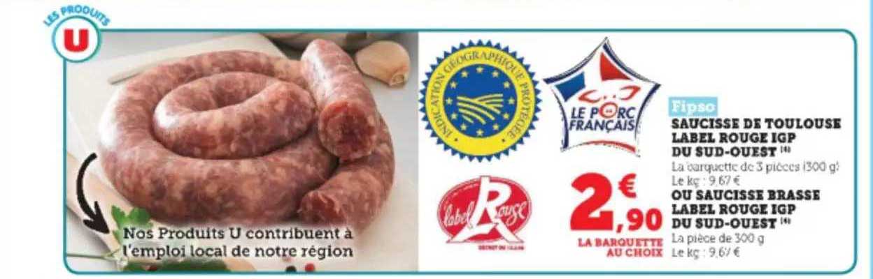saucisse de toulouse label rouge igp du sud-ouest ou saucisse brasse label rouge igp du sud-ouest fipso