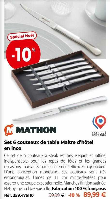 set 6 couteaux de table maître d'hôtel en inox mathon