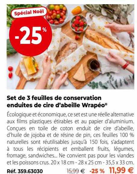 set de 3 feuilles de conservation enduites de cire d'abeille wrapéo