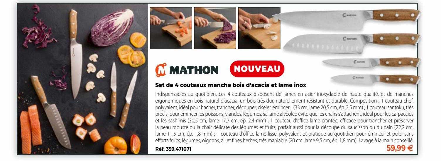 set de 4 couteaux manche bois d'acacia et lame inox mathon