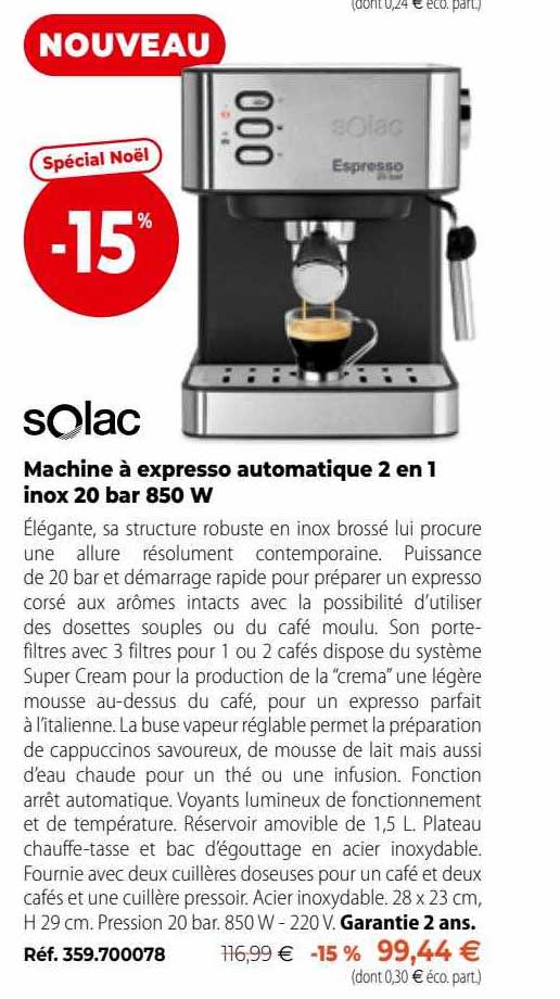 solac machine à expresso automatique 2en1 inox 20 bar 850w