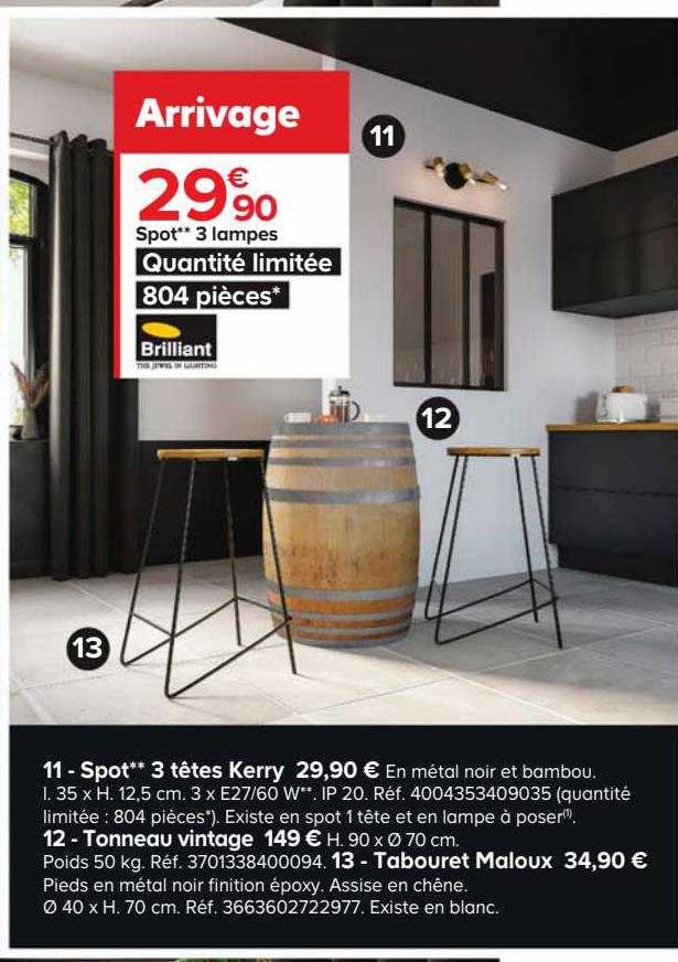 spot 3 têtes kerry, tonneau vintage, tabouret maloux