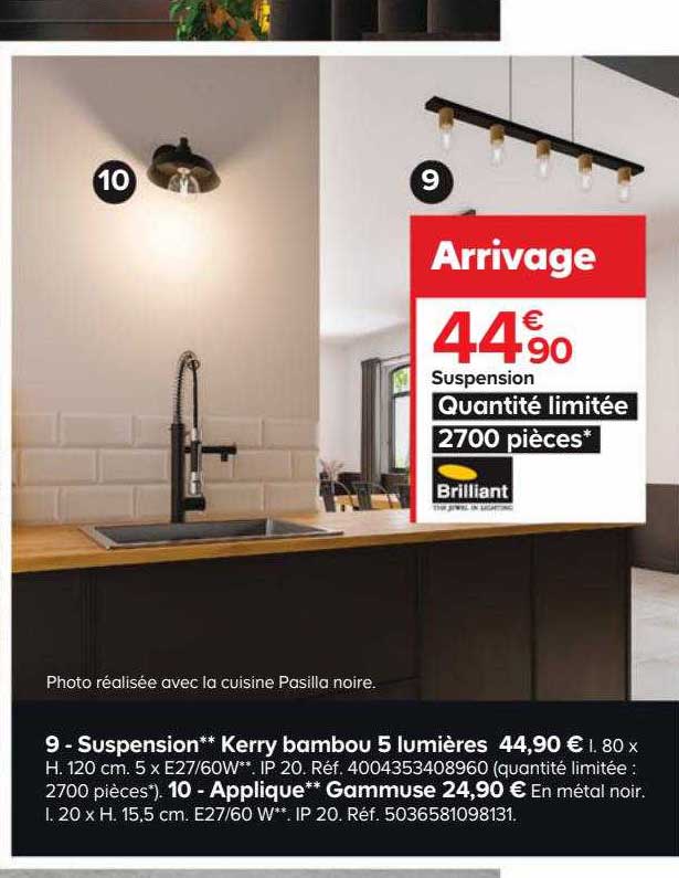 suspension kerry bambou 5 lumières, applique gammuse