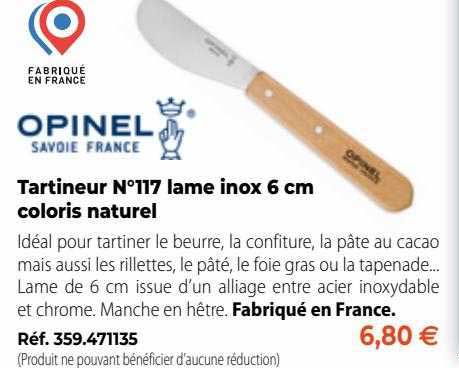 tartineur n°117 lame inox 6 cm coloris naturel opinel savoie france